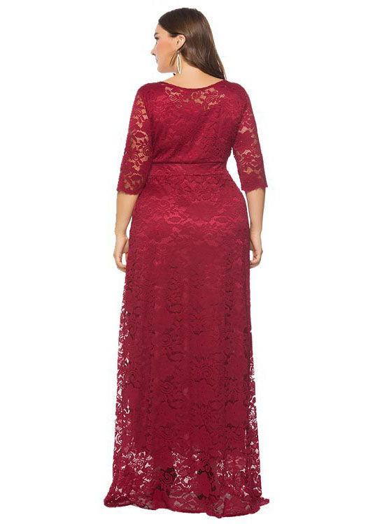 European And American Style Wine Red O Neck Patchwork Lace Long Dress Summer