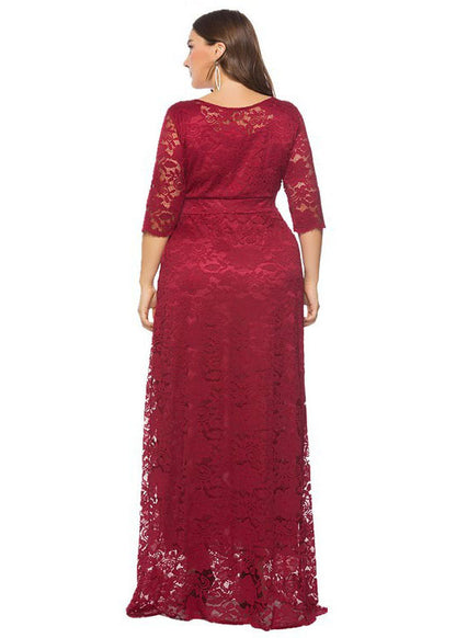 European And American Style Wine Red O Neck Patchwork Lace Long Dress Summer