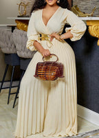 Fashion Apricot Tie Waist Wrinkled Silk Wide Leg Jumpsuit Long Sleeve