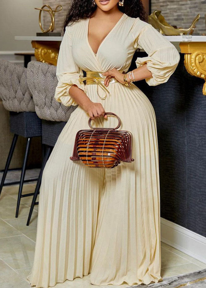 Fashion Apricot Tie Waist Wrinkled Silk Wide Leg Jumpsuit Long Sleeve