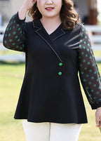 Fashion Black Notched Dot Print Chiffon Shirt Long Sleeve