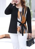 Fashion Black O-Neck Print Tie Waist Cotton T Shirt Fall