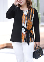 Load image into Gallery viewer, Fashion Black O-Neck Print Tie Waist Cotton T Shirt Fall