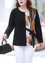 Fashion Black O-Neck Print Tie Waist Cotton T Shirt Fall