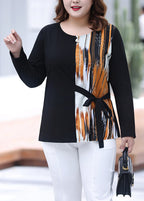 Fashion Black O-Neck Print Tie Waist Cotton T Shirt Fall