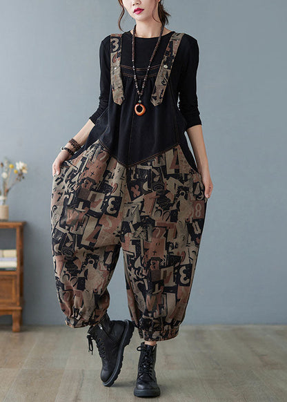 Fashion Black Pockets Button Print Patchwork Fall Pants