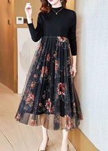 Load image into Gallery viewer, Fashion Black Stand Collar Patchwork Tulle Knit Long Dress Spring