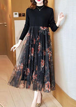 Load image into Gallery viewer, Fashion Black Stand Collar Patchwork Tulle Knit Long Dress Spring