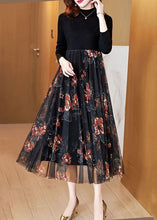 Load image into Gallery viewer, Fashion Black Stand Collar Patchwork Tulle Knit Long Dress Spring