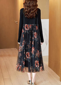 Fashion Black Stand Collar Patchwork Tulle Knit Long Dress Spring