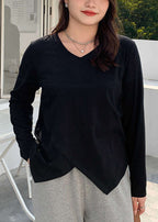 Fashion Black V Neck Patchwork Cotton Shirt Top Fall