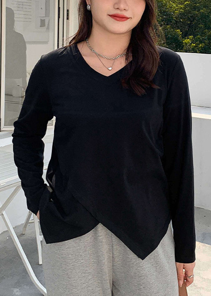 Fashion Black V Neck Patchwork Cotton Shirt Top Fall