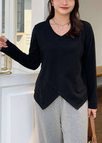 Fashion Black V Neck Patchwork Cotton Shirt Top Fall