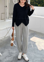 Fashion Black V Neck Patchwork Cotton Shirt Top Fall