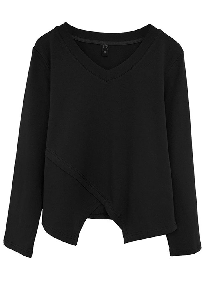 Fashion Black V Neck Patchwork Cotton Shirt Top Fall