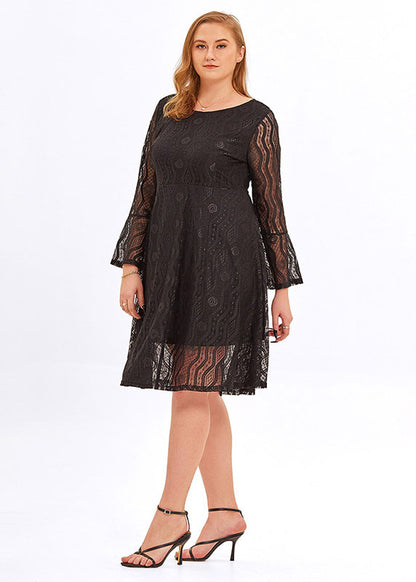 Fashion Black V Neck Patchwork Lace A Line Mid Dresses Flare Sleeve