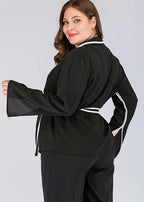 Fashion Black V Neck Patchwork Tie Waist Coats Long Sleeve
