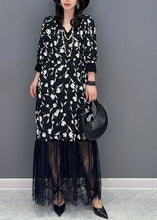 Load image into Gallery viewer, Fashion Black V Neck Print Lace Patchwork Cotton Dress Summer