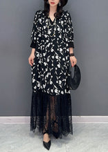 Load image into Gallery viewer, Fashion Black V Neck Print Lace Patchwork Cotton Dress Summer