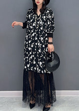 Load image into Gallery viewer, Fashion Black V Neck Print Lace Patchwork Cotton Dress Summer