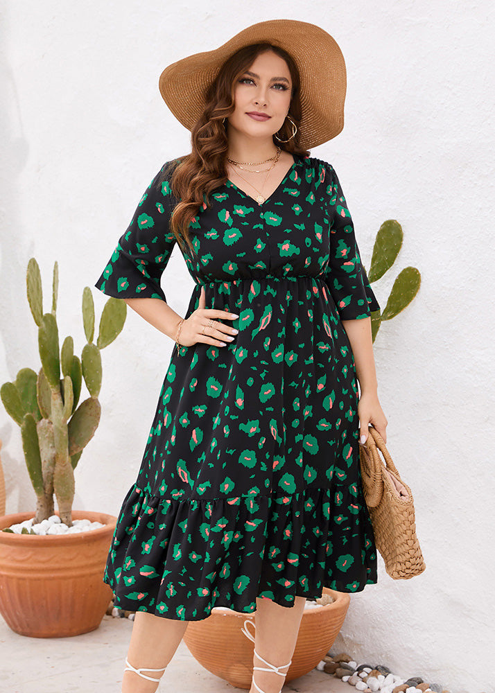 Fashion Black V Neck Print Patchwork Chiffon Maxi Dresses Summer