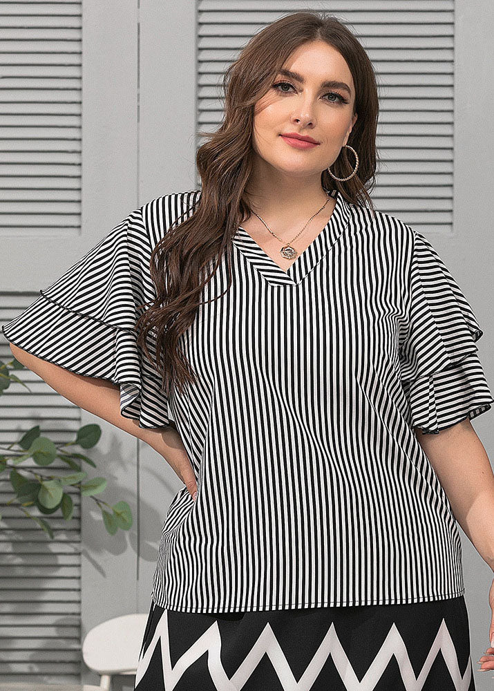 Fashion Black V Neck Striped Patchwork Chiffon T Shirt Butterfly Sleeve