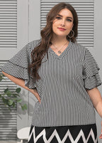 Fashion Black V Neck Striped Patchwork Chiffon T Shirt Butterfly Sleeve