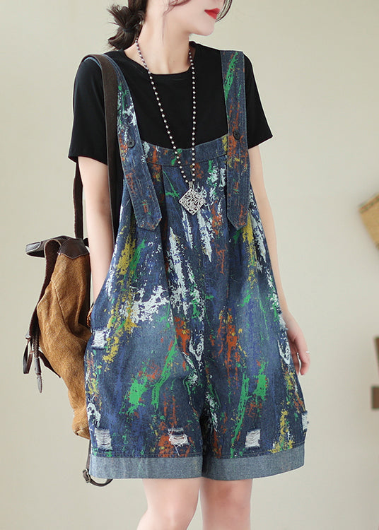 Fashion Blue Oversized Tie Dye Denim Jumpsuits Ripped Shorts Summer