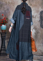 Fashion Blue PeterPan Collar Plaid Patchwork denim Winter Coat