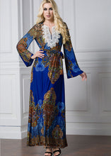 Load image into Gallery viewer, Fashion Blue Print Lace Patchwork Tie Waist Ice Size Maxi Dresses Flare Sleeve