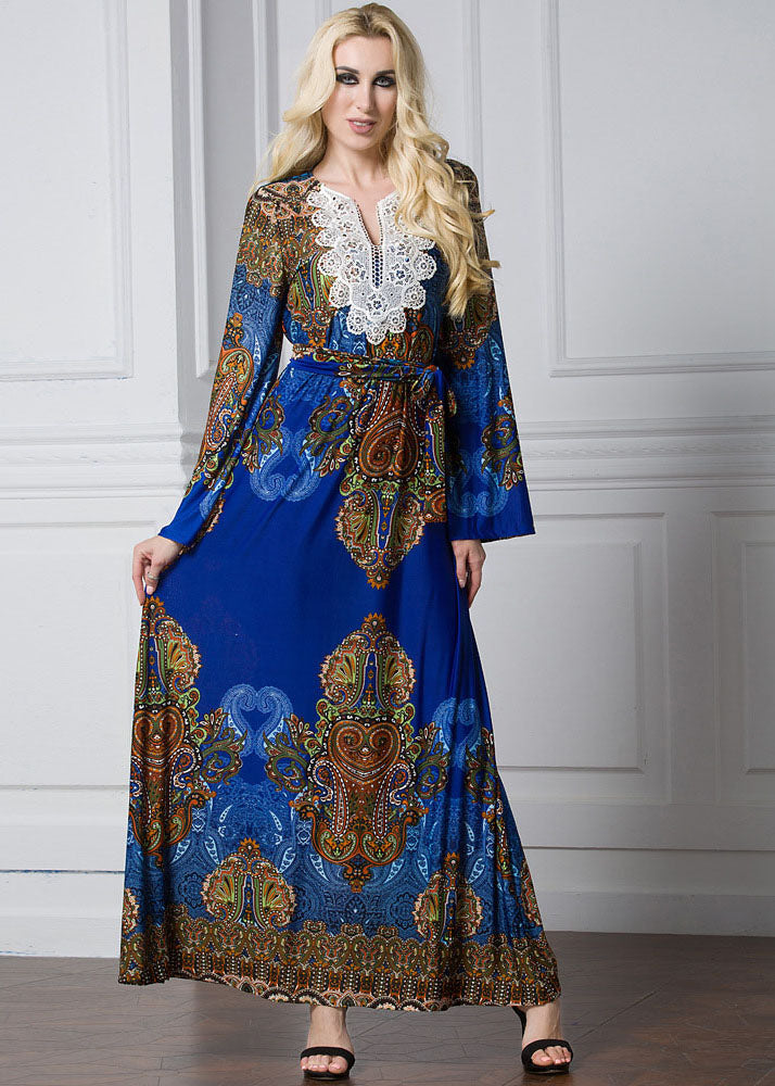 Fashion Blue Print Lace Patchwork Tie Waist Ice Size Maxi Dresses Flare Sleeve