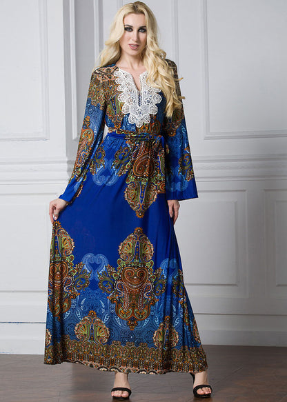Fashion Blue Print Lace Patchwork Tie Waist Ice Size Maxi Dresses Flare Sleeve