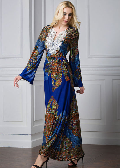 Fashion Blue Print Lace Patchwork Tie Waist Ice Size Maxi Dresses Flare Sleeve