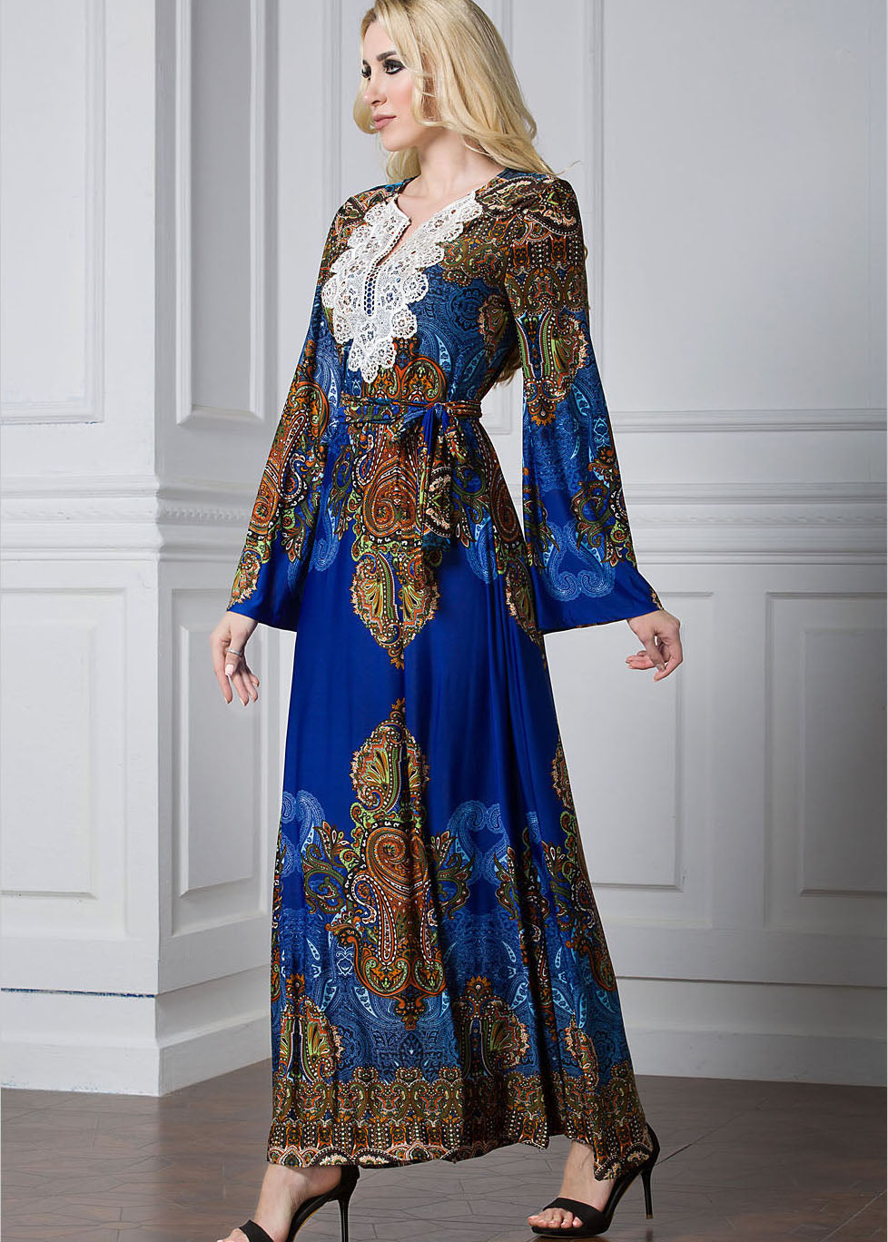 Fashion Blue Print Lace Patchwork Tie Waist Ice Size Maxi Dresses Flare Sleeve