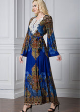 Load image into Gallery viewer, Fashion Blue Print Lace Patchwork Tie Waist Ice Size Maxi Dresses Flare Sleeve