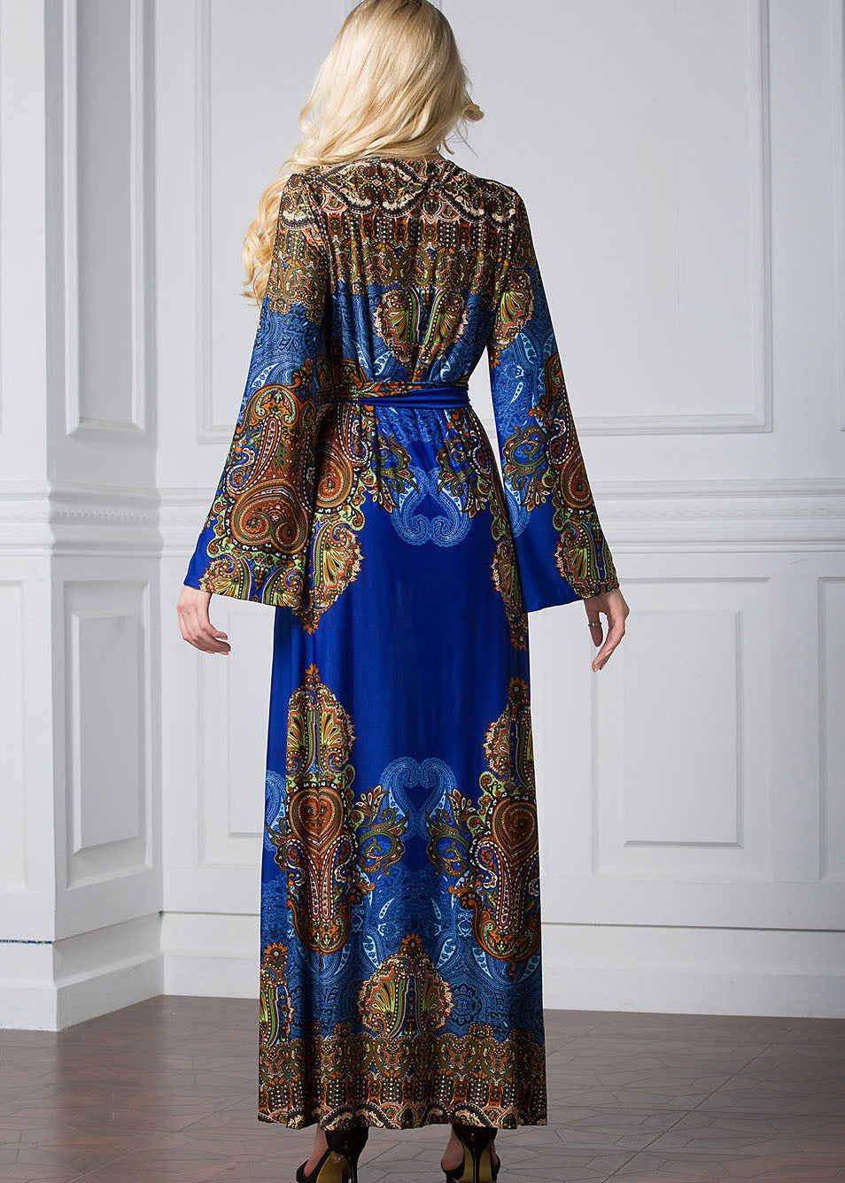 Fashion Blue Print Lace Patchwork Tie Waist Ice Size Maxi Dresses Flare Sleeve