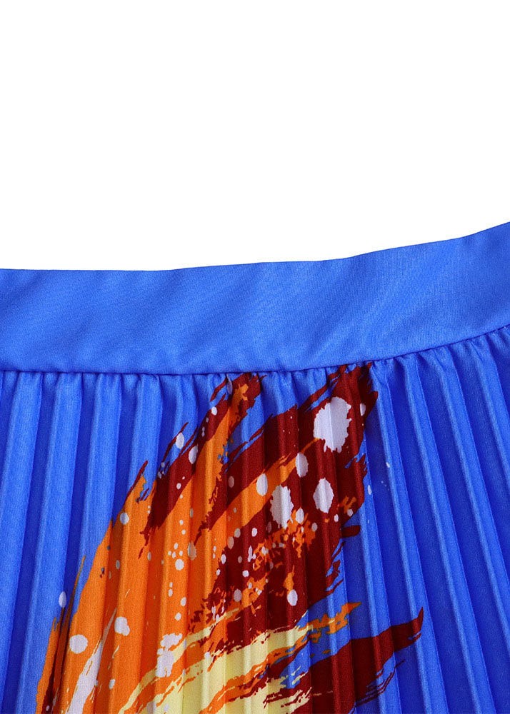 Fashion Blue Print Tops And Pleated Skirt Chiffon Two Pieces Set Summer