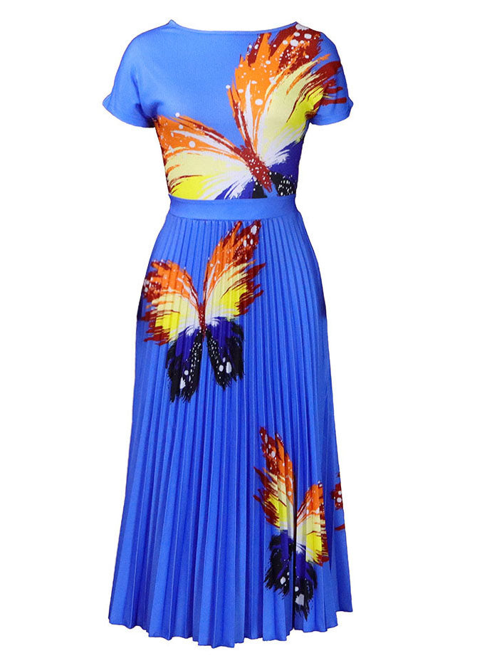 Fashion Blue Print Tops And Pleated Skirt Chiffon Two Pieces Set Summer