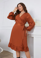 Fashion Brown V Neck Ruffled Tie Waist Patchwork Cotton Dress Fall