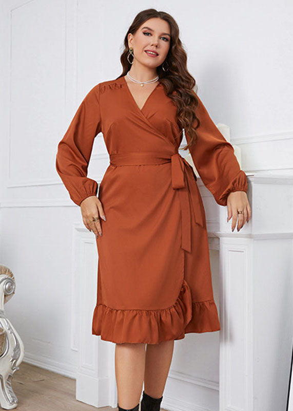 Fashion Brown V Neck Ruffled Tie Waist Patchwork Cotton Dress Fall