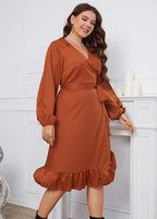 Fashion Brown V Neck Ruffled Tie Waist Patchwork Cotton Dress Fall