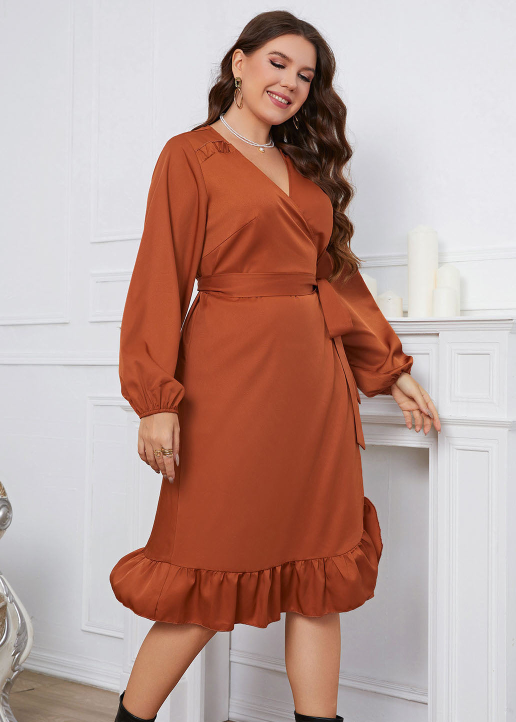 Fashion Brown V Neck Ruffled Tie Waist Patchwork Cotton Dress Fall