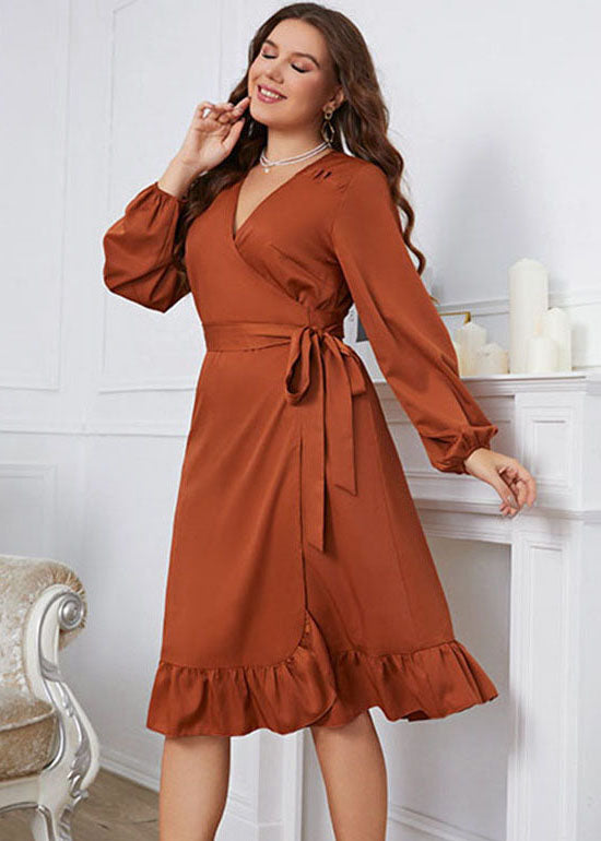 Fashion Brown V Neck Ruffled Tie Waist Patchwork Cotton Dress Fall