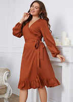 Fashion Brown V Neck Ruffled Tie Waist Patchwork Cotton Dress Fall