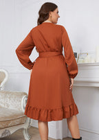 Fashion Brown V Neck Ruffled Tie Waist Patchwork Cotton Dress Fall