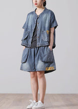 Load image into Gallery viewer, Fashion Button Blue Short Sleeve tops hot pants Denim Two Piece Suit Set