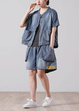 Load image into Gallery viewer, Fashion Button Blue Short Sleeve tops hot pants Denim Two Piece Suit Set