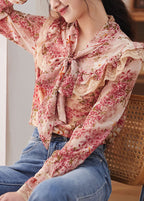 Fashion Floral Print Bow Lace Patchwork Chiffon Shirt Tops Spring