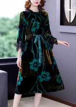 Load image into Gallery viewer, Fashion Green Cinched Jacquard Silk Velour Long Dress Spring