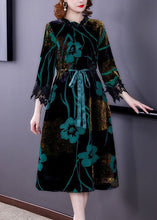 Load image into Gallery viewer, Fashion Green Cinched Jacquard Silk Velour Long Dress Spring